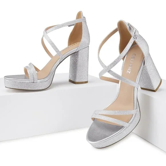 Women's Pink-Glitter Sandal Stylish Comfortable Chunky Blocked Strappy Heel Shoe - Picture 3 of 5